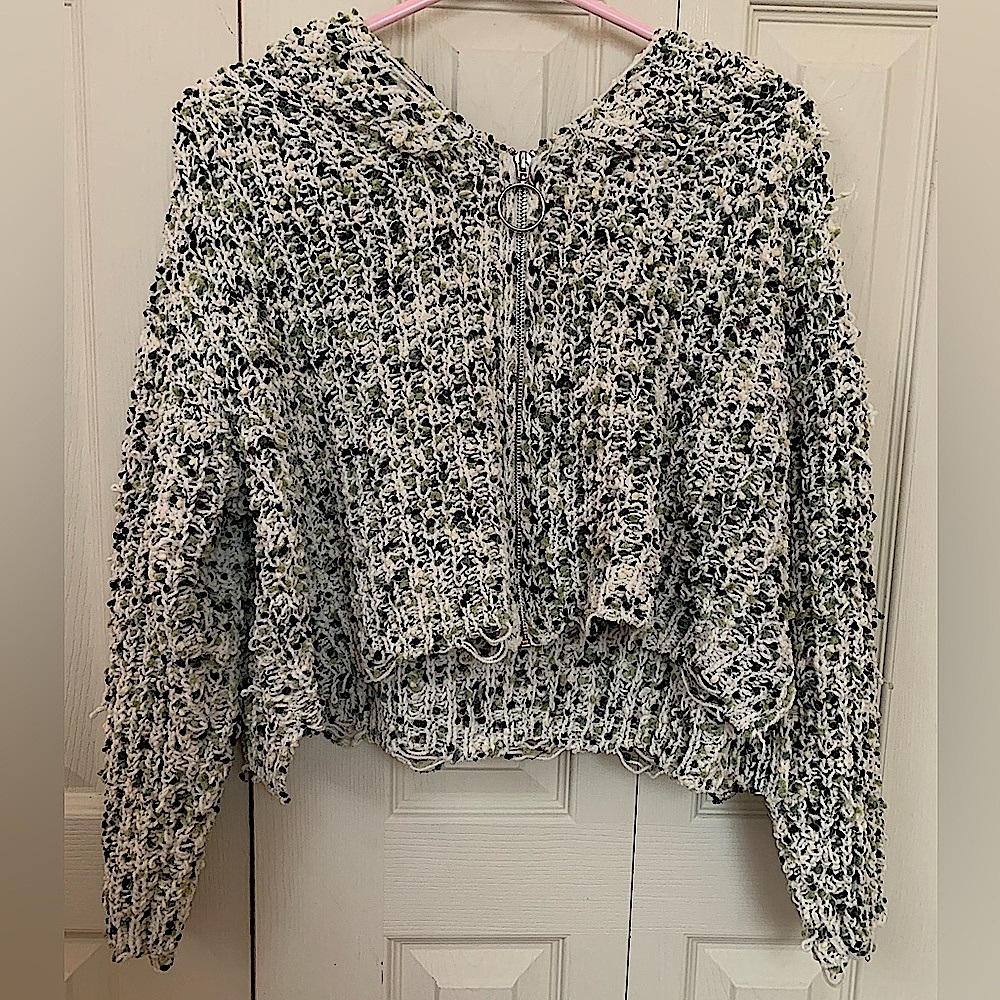 BUCKLE Willow Root Green White Distressed Cable Knit Zip Up Sweater Size Small